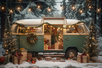 A vintage camper adorned with festive decorations and gifts in a winter wonderland setting