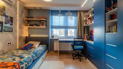 Modern blue and white bedroom with a single bed, desk, and built-in shelves.