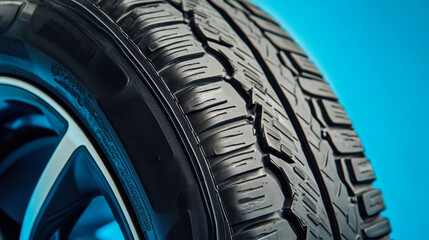 Detailed close-up of a car tire showcasing tread patterns and rubber texture against a blue background