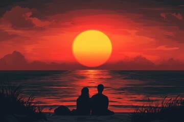 A serene flat illustration of a couple sitting on a beach, watching a large orange sun set over the calm ocean, creating a warm and romantic atmosphere