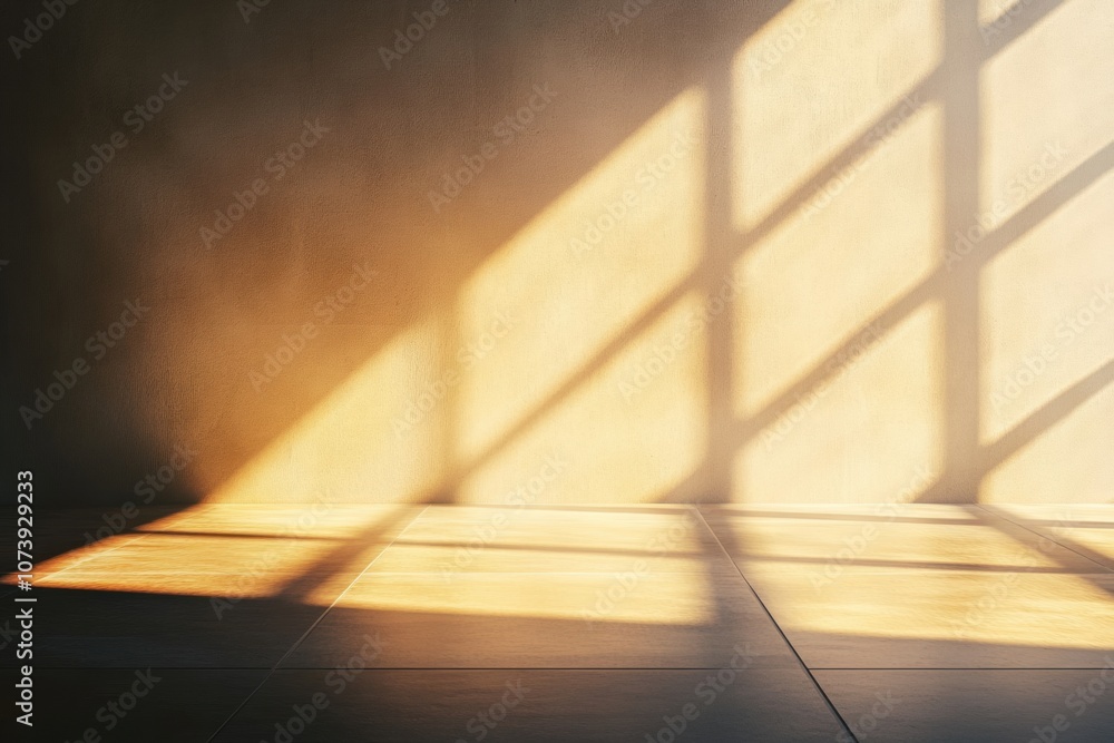 Fototapete Sunlight filters through a window, casting intricate patterns of light and shadow on the wall and floor, enhancing the tranquil ambiance. Generative AI