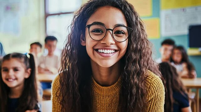 An inspiring female teacher radiating warmth and confidence as she interacts with a diverse classroom of young students. The bright, inviting classroom setting enhances the sense of community and