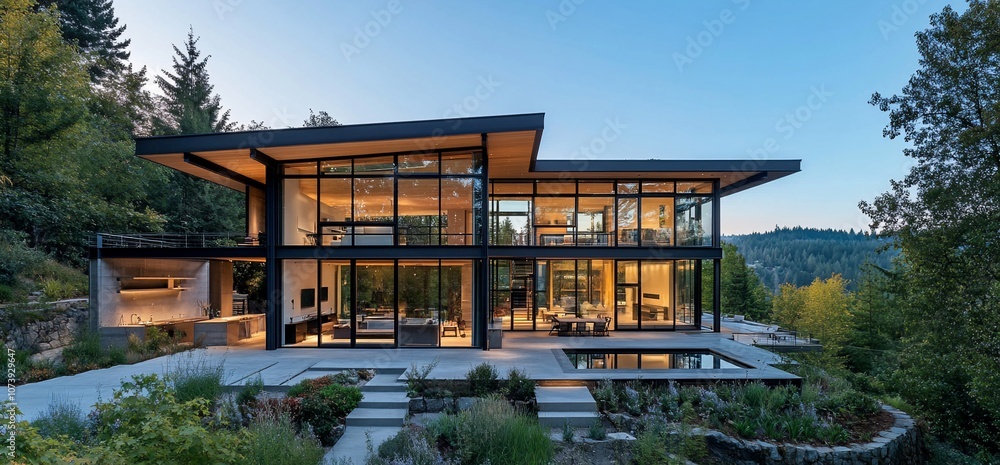 Poster modern home with large windows overlooking a forest.