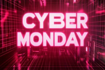 CYBER MONDAY logo. Dynamic banner showing Cyber Monday neon sign, logo. Horizontal banner. Web. Screen.