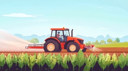 Fototapeta premium A tractor cultivating land in a scenic agricultural landscape.