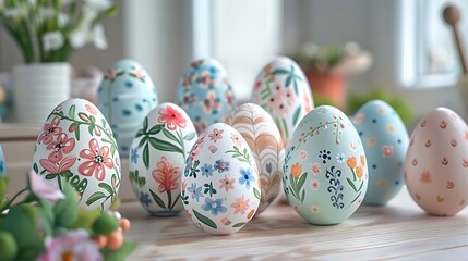 A colorful assortment of Easter egg decorations arranged on a table, each egg painted with vibrant patterns, floral designs, and pastel colors, capturing the festive spirit.