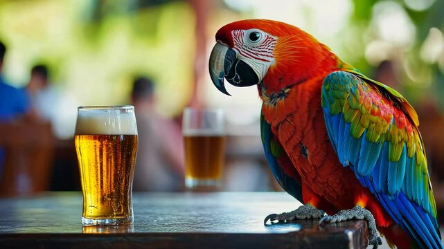 A parrot with striking eyes contemplating glass of beer on the surface in front pastel background