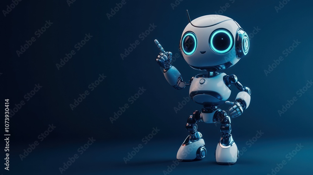 Poster A cute robot character with glowing eyes, posed as if sharing an idea.