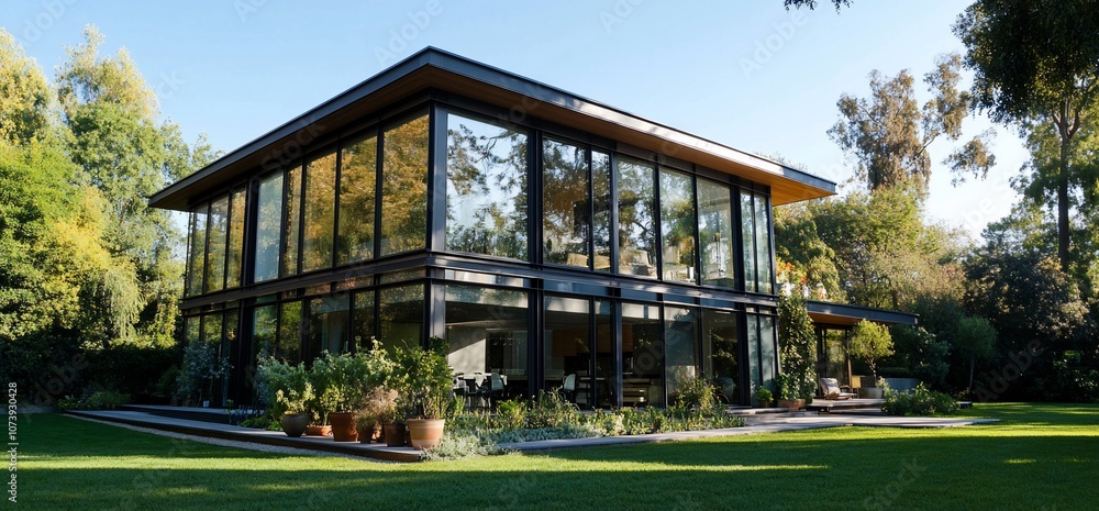 Aufkleber modern house with large windows overlooking a grassy yard with trees in the background.