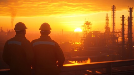 Fototapeta premium Two workers observing a sunset over an industrial landscape.