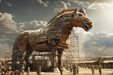 Ancient Greeks Constructing Massive Wooden Trojan Horse under Open Sky, Symbolizing Deception and Strategy