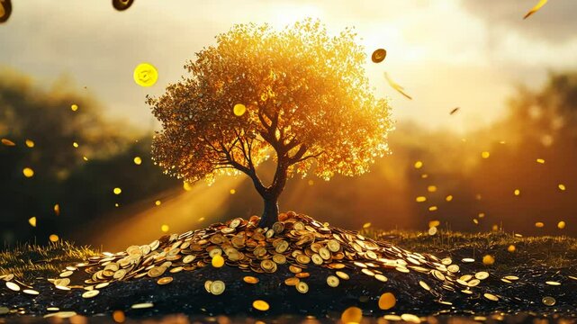 A young tree surrounded by golden coins, with sunlight, symbolizing prosperity and growth.