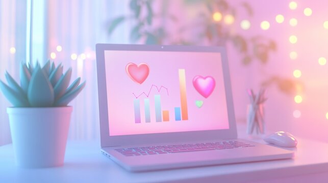 A pastel-themed laptop displaying heart emojis and a bar graph.