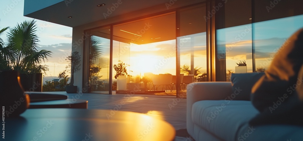 Poster modern patio with sunset view through large windows.