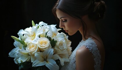 Bridal portrait with white lilies and roses in soft lighting during wedding preparations