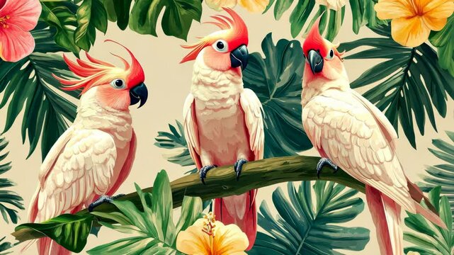 Charming seamless pattern of hand-painted pink cockatoos among tropical palm leaves and colorful flowers. Perfect for use in botanical-themed designs and adding a vibrant touch to any project.
