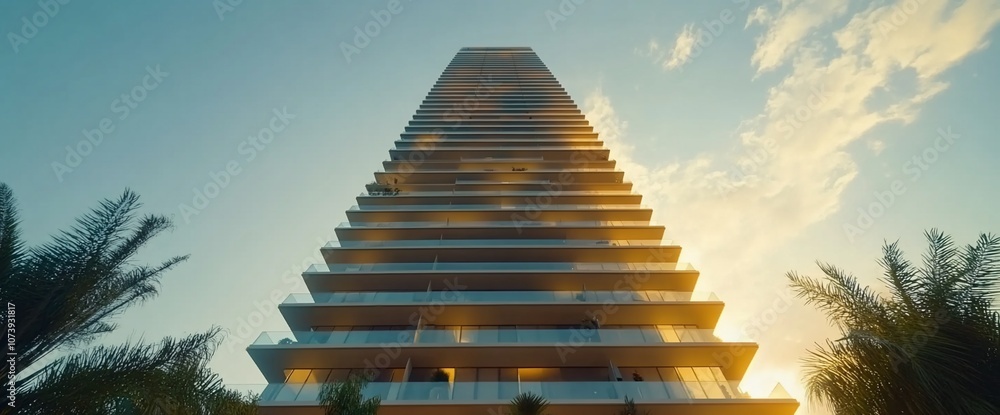 Poster Modern skyscraper with a layered facade viewed from below, with palm trees in the foreground and a clear sky with clouds in the background.