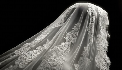 Bride adorned in an intricate lace veil against a dark background during a wedding ceremony