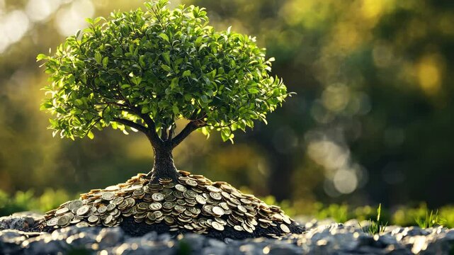 A tree with lush green leaves growing from a mound of cash and coins, set against a blurred forest backdrop
