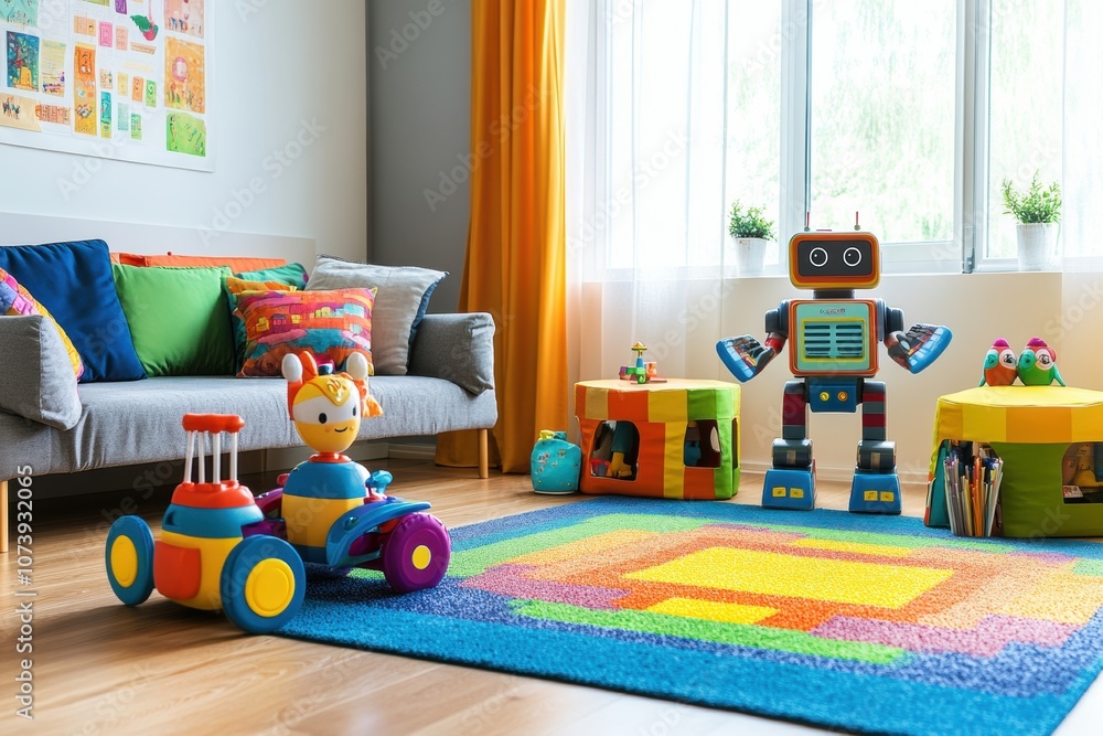 Poster bright and cheerful children's room featuring friendly robot helpers and colorful toys, perfect for 