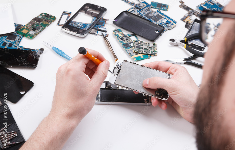 Aufkleber repairman disassembling smartphone with screwdriver. technician fixing broken phone, electronics rep