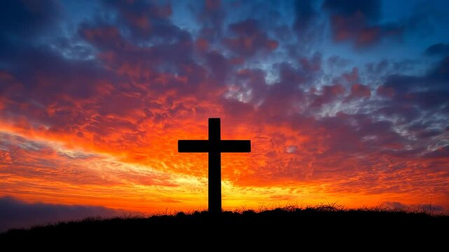 A striking silhouette of a cross set against a vibrant sunrise sky filled with rich orange and blue hues. This powerful image symbolizes faith and hope, evoking a sense of tranquility and spiritual