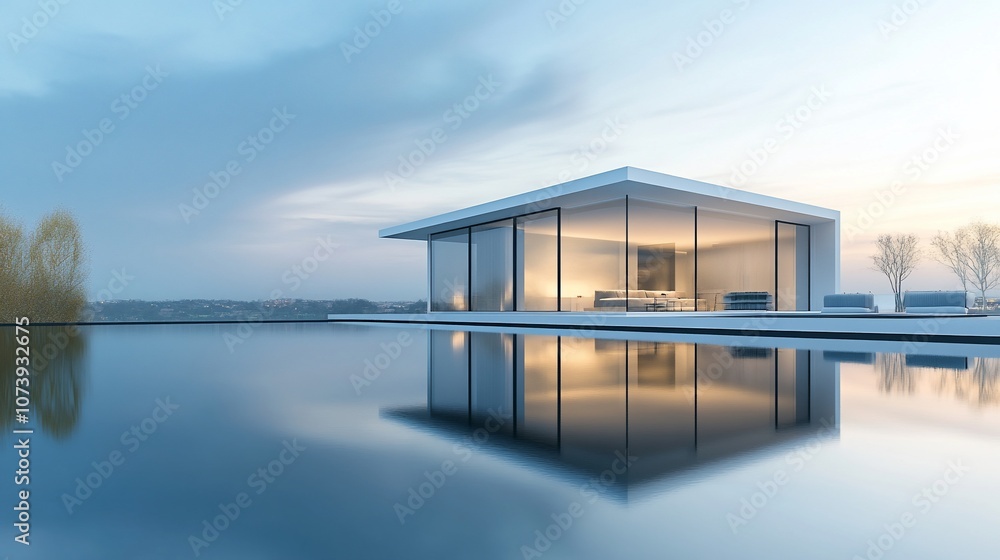 Poster modern white house with large windows and infinity pool reflecting the evening sky.