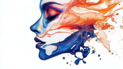 Abstract splash of colorful paint in a face shape, showing swirling water and ink effects