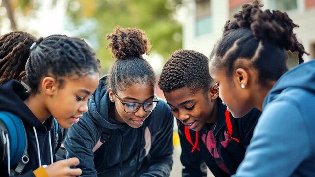 An inspiring image of a diverse group of African American students working together on a community service project, reflecting youth empowerment and collaboration. The photograph captures their