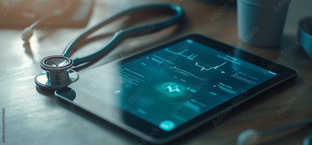 Poster stethoscope and tablet with ekg monitor on a desk.