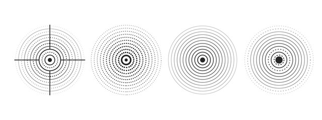 Set of black rings with sound waves, interrupted lines and dots. Sonar rings with radial lines. Radar icon, target, epicenter. Pulsating signal. Vector concentric vortex circles.