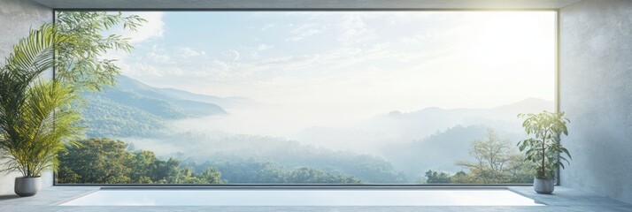 The landscape through the expansive window reveals mist-covered mountains and vibrant greenery in a...