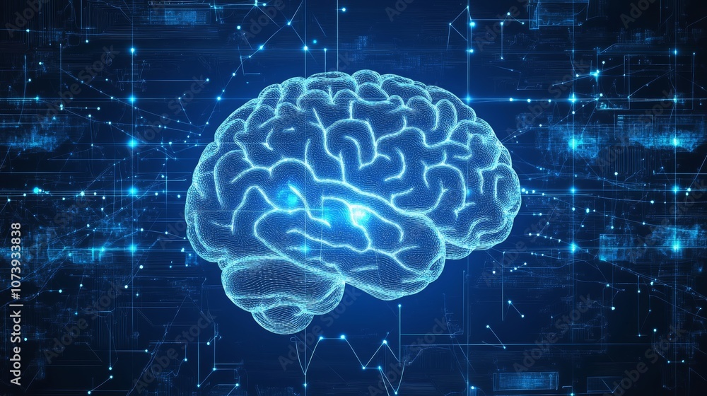 Poster blue background with brain wave frequency patterns. -