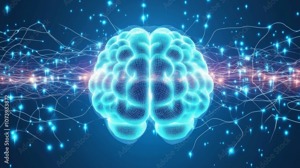 Poster blue background with brain wave frequency patterns. -