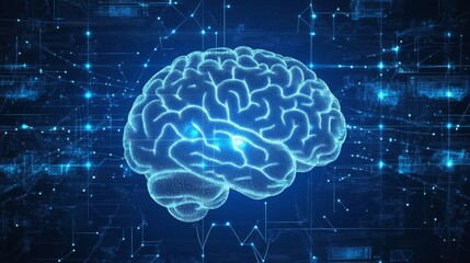 Blue background with brain wave frequency patterns. -