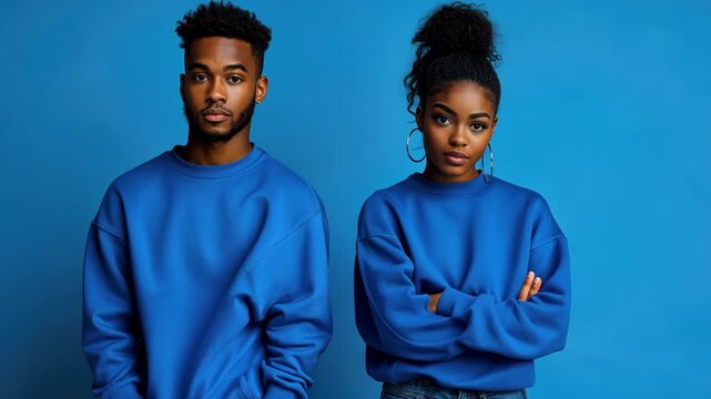 Fashion black man and woman in blue sweatshirts and jeans, back-to-back stylish pose, clean solid backdrop
