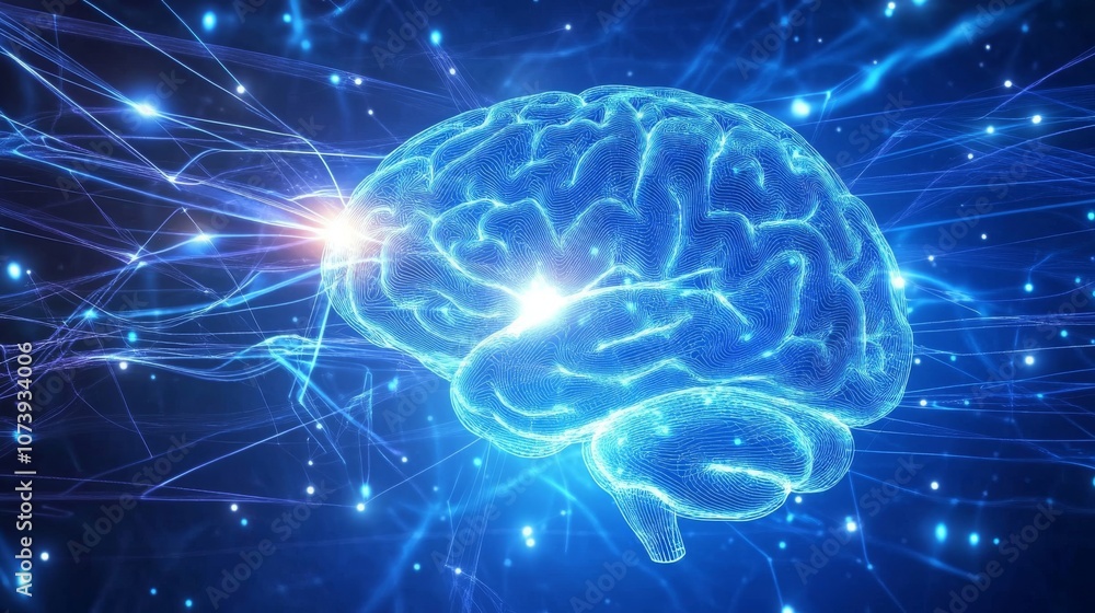 Poster blue background with brain wave frequency patterns. -