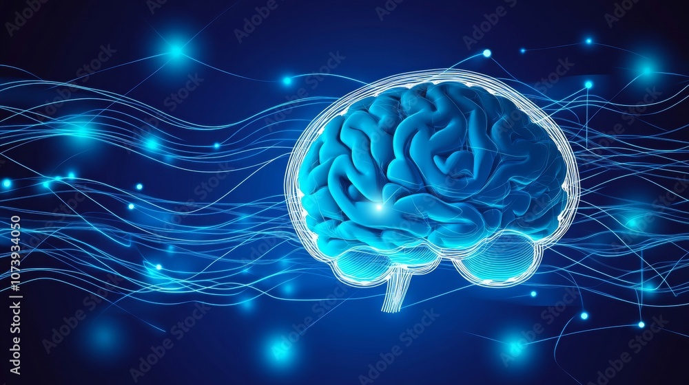 Poster blue background with brain wave frequency patterns. -
