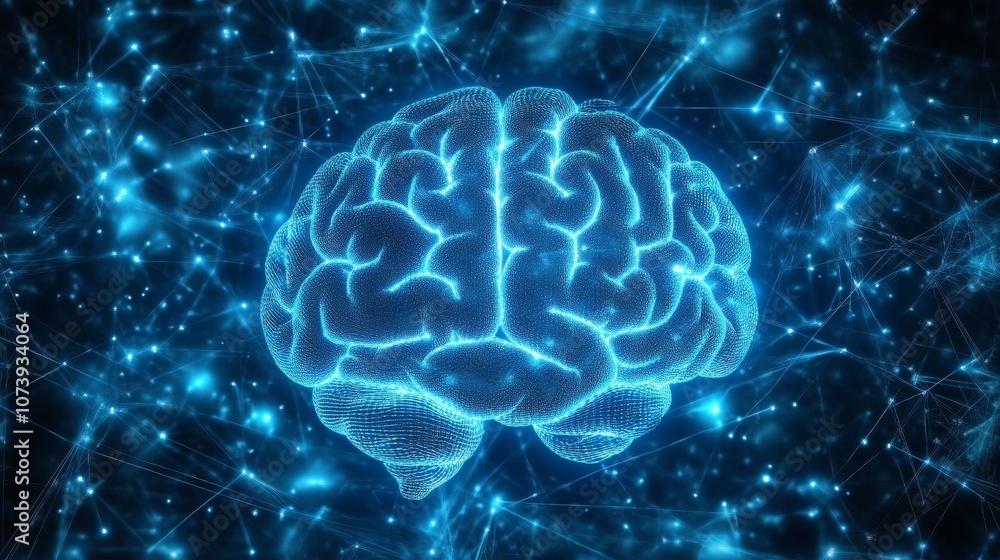 Poster blue background with brain wave frequency patterns. -