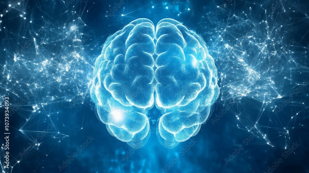 Poster blue background with brain wave frequency patterns. -