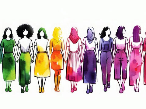 Gender equality and the female empowerment movement, multicultural and multiethnic. International women's day concept. Watercolor painting silhouette of women in their diversity, white background