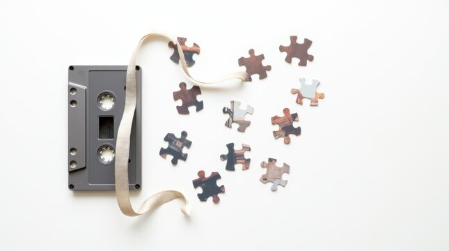A Slightly Unwound Cassette Tape and Scattered Puzzle Pieces