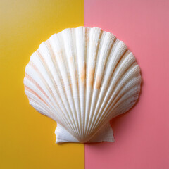 White elegant sea jacobean scallop shell, isolated on a Yellow and Pink Pastel