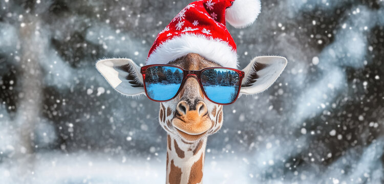 quirky giraffe wearing reflective sunglasses and a santa hat amidst snowy forest background, great for unique holiday cards and decorations