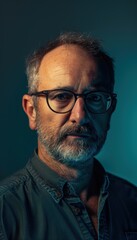 Obraz premium Confident Middle-Aged Scientist Portrait with Glasses on Blue Background for Professional Use