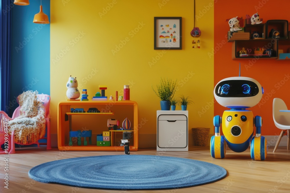 Poster the room showcases friendly robot helpers, bright walls, and vibrant furniture, creating a joyful sp