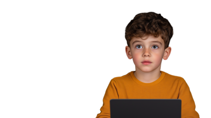 Boy in orange shirt with laptop