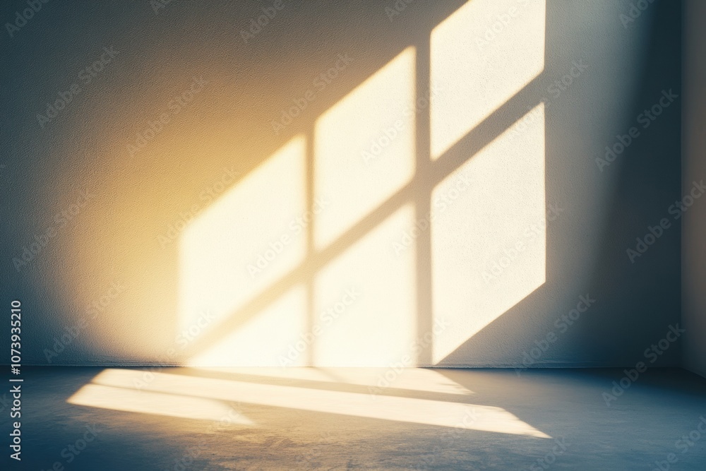 Poster gentle light streams through windows, casting striking shadows on the floor of a quiet, empty room, 