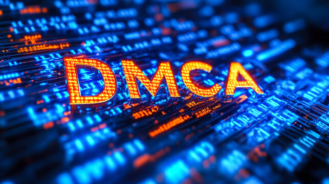 Digital Matrix Code Forming DMCA Acronym Representing Copyright Protection Concept