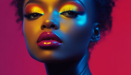 Obraz premium Bold and vibrant makeup close-up of a model with striking features in colorful lighting